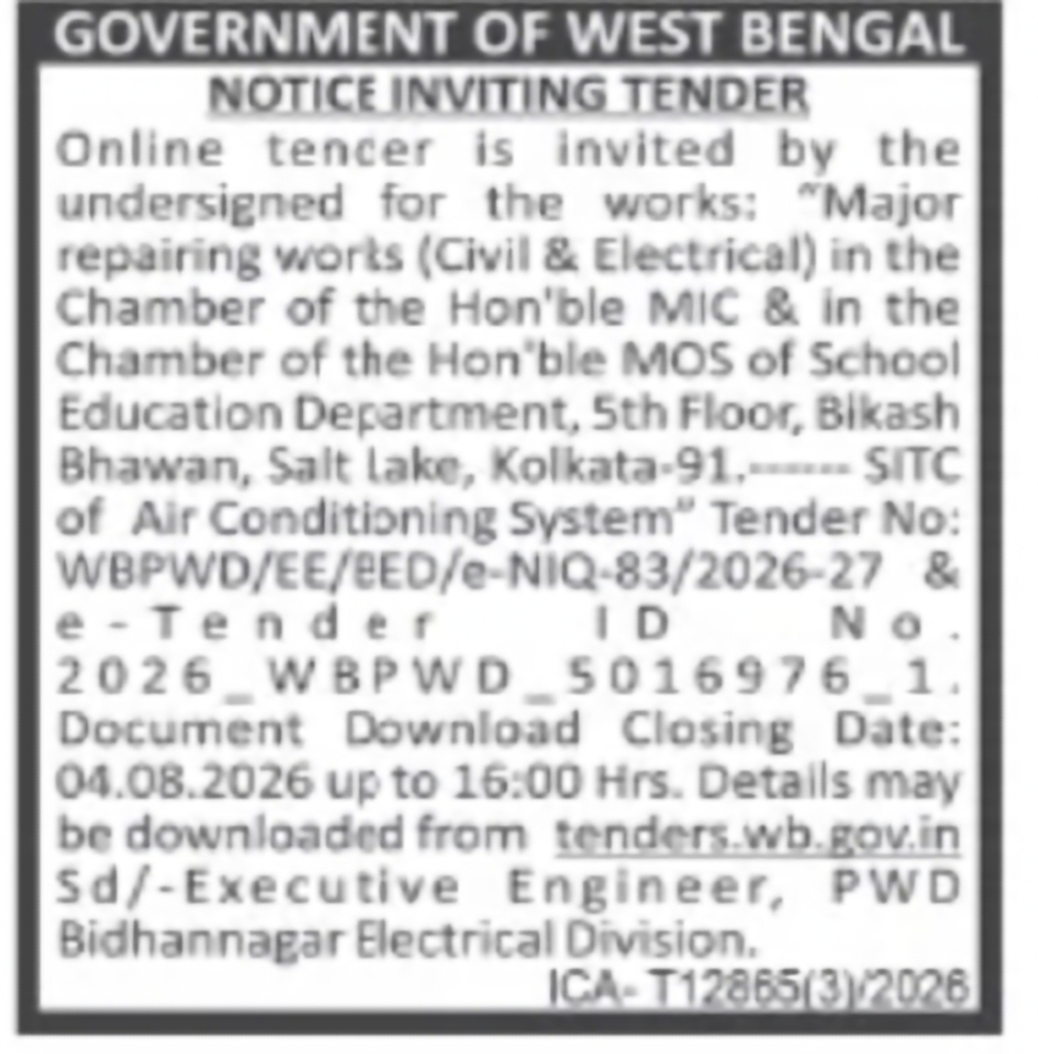 Major Repair Works and Air Conditioning Installation Tender – Bikash Bhawan, Kolkata