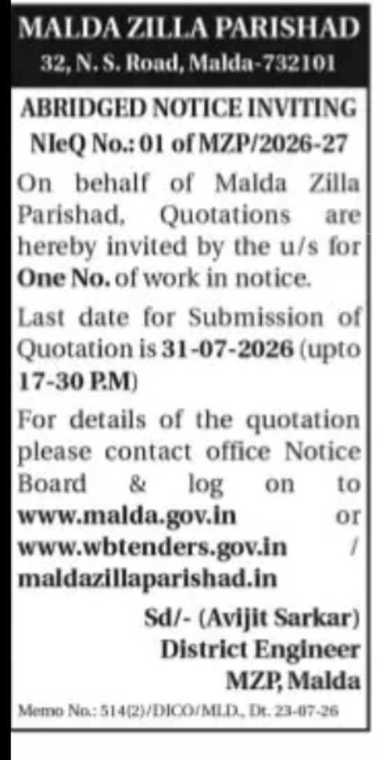 Malda Zilla Parishad – Notice Inviting Quotation (NIeQ No. 01 of MZP/2026-27)