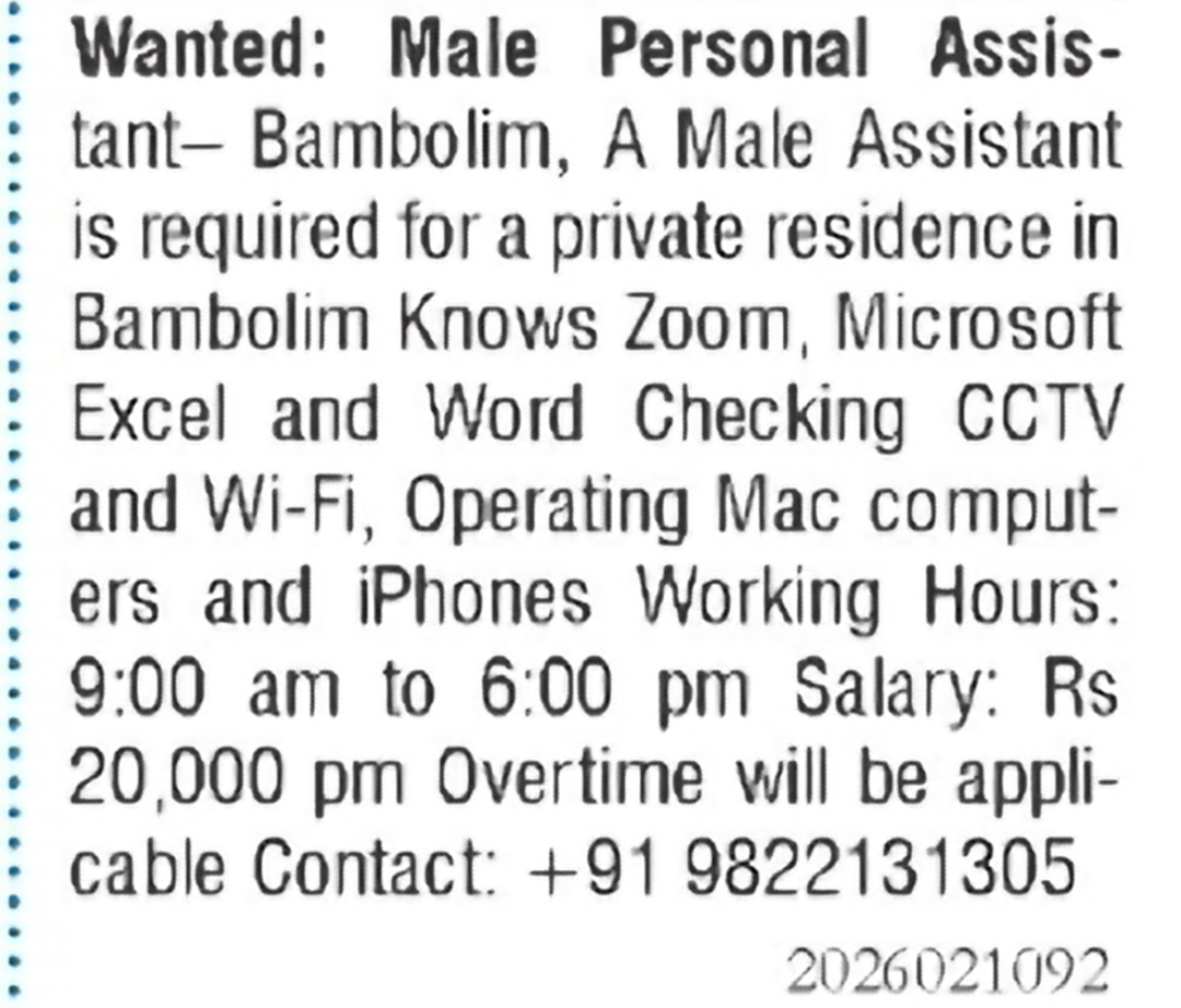 Male Personal Assistant Required – Private Residence