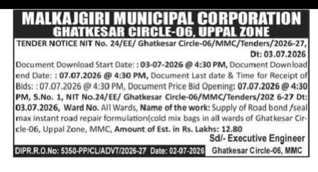 Malkajgiri Municipal Corporation – Ghatkesar Circle-06 Tender Notice