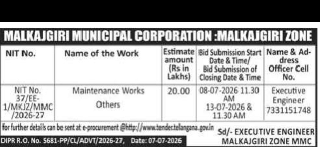 Malkajgiri Municipal Corporation Invites Tender for Maintenance Works