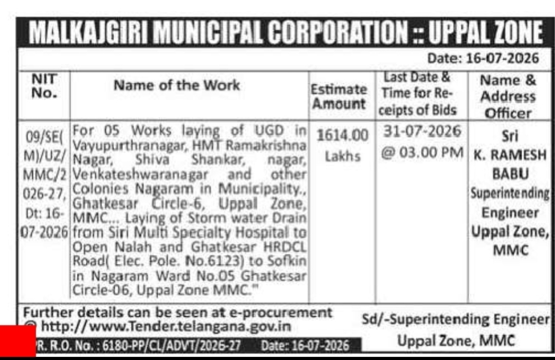 Malkajgiri Municipal Corporation Tender – Drainage and UGD Works in Nagaram, Uppal Zone