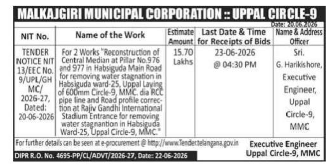 Malkajgiri Municipal Corporation – Uppal Circle-9 Tender Notice
