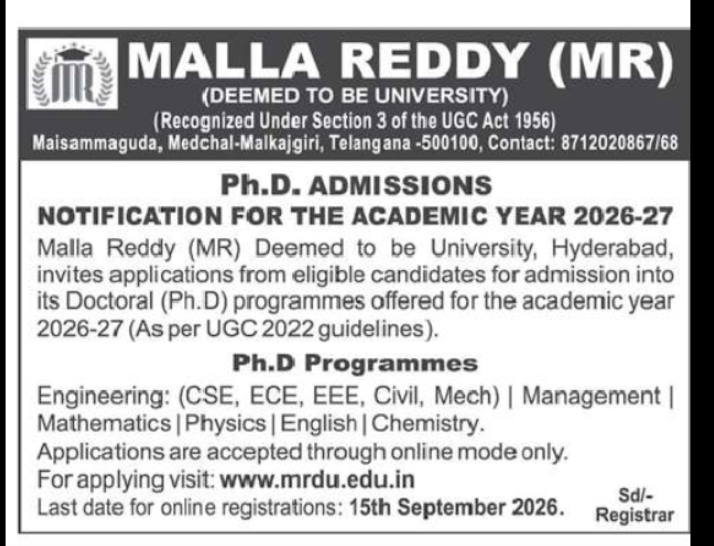 MALLA REDDY DEEMED TO BE UNIVERSITY – PH.D. ADMISSIONS 2026-27