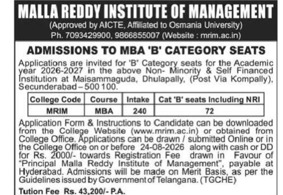 MALLA REDDY INSTITUTE OF MANAGEMENT MBA B CATEGORY ADMISSIONS 2026-27
