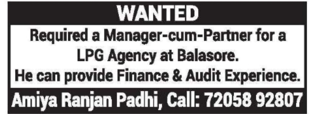 Manager-cum-Partner Required for LPG Agency in Balasore