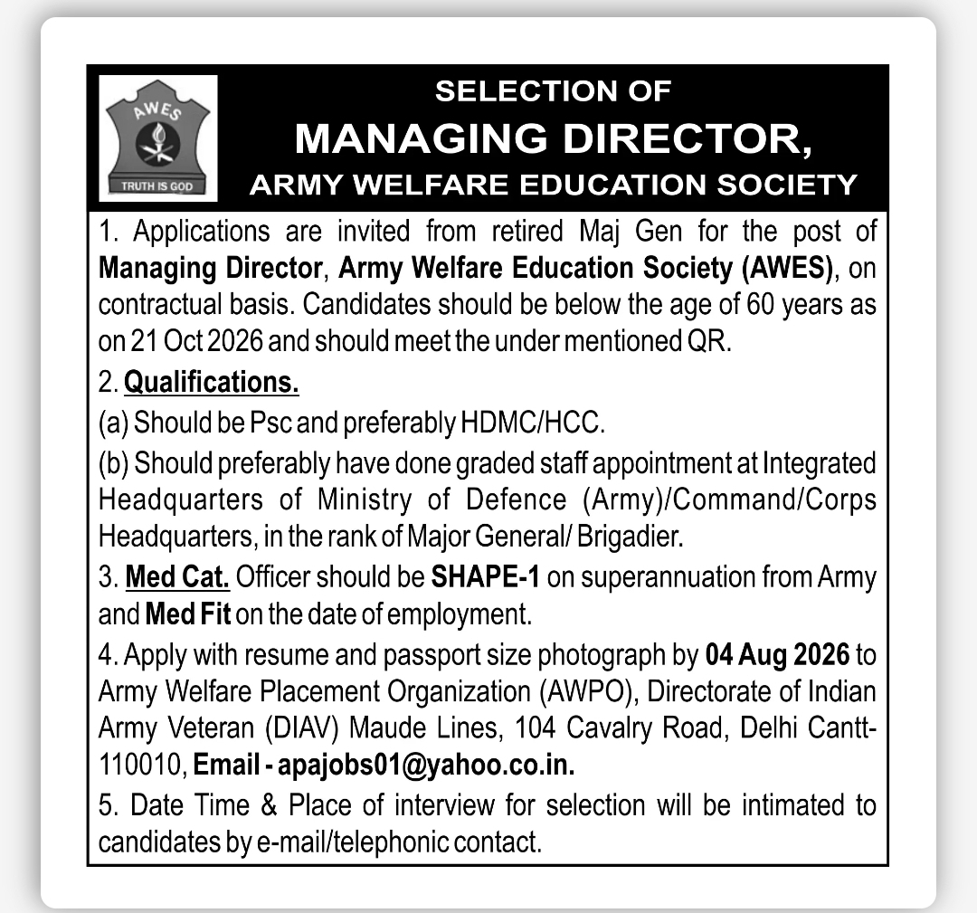 MANAGING DIRECTOR – ARMY WELFARE EDUCATION SOCIETY (AWES)