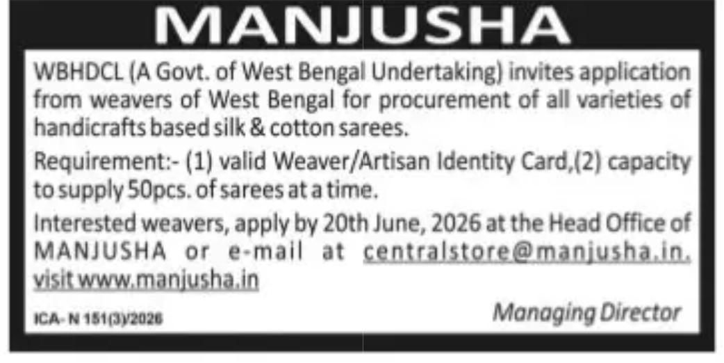 MANJUSHA Invites Applications from West Bengal Weavers for Procurement of Silk and Cotton Sarees