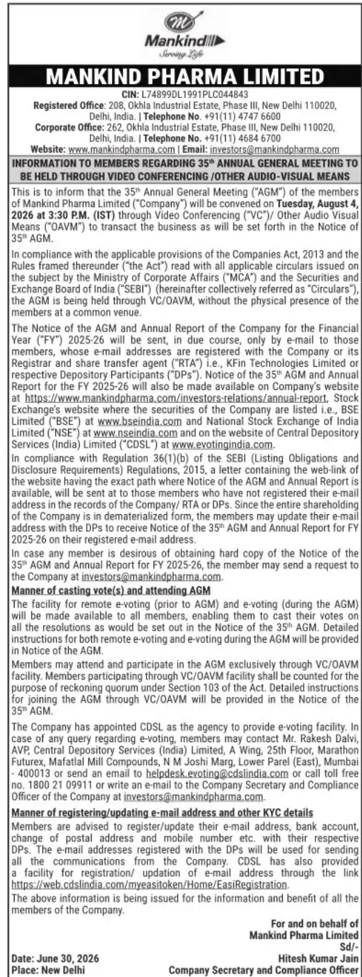 Mankind Pharma Limited – Notice of 35th Annual General Meeting (AGM) 2026