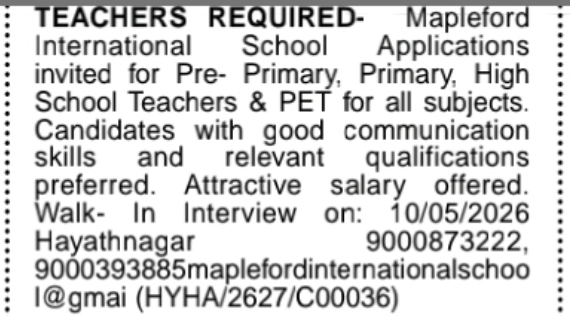 📢 Mapleford International School – Teachers Required