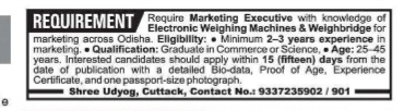 Marketing Executive Vacancy – Electronic Weighing Machines & Weighbridge
