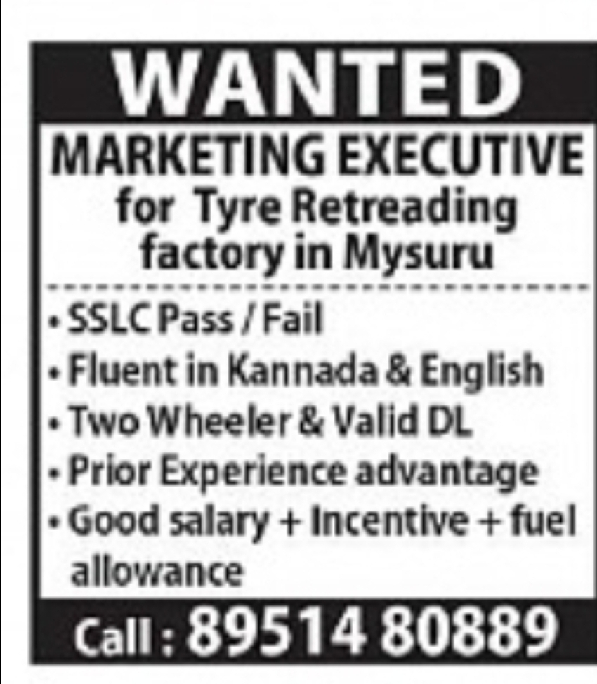 Marketing Executive Wanted – Tyre Retreading Factory, Mysuru