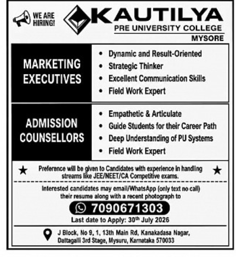 Marketing Executives & Admission Counsellors Hiring – Kautilya Pre University College, Mysuru