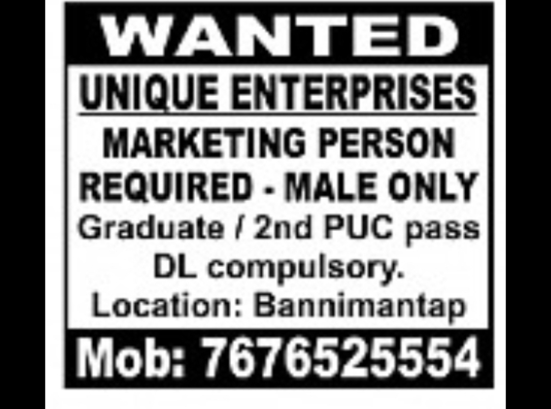 Marketing Person Required – Unique Enterprises (Bannimantap)