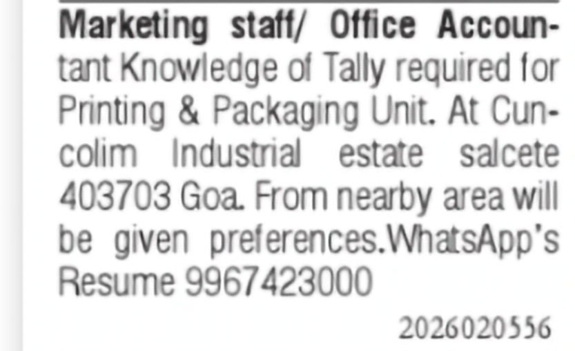 Marketing Staff & Office Accountant Required – Cuncolim