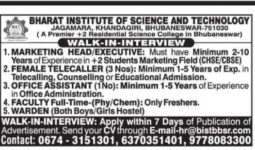 MARKETING, TELECALLER, OFFICE ASSISTANT & FACULTY VACANCIES – BHUBANESWAR