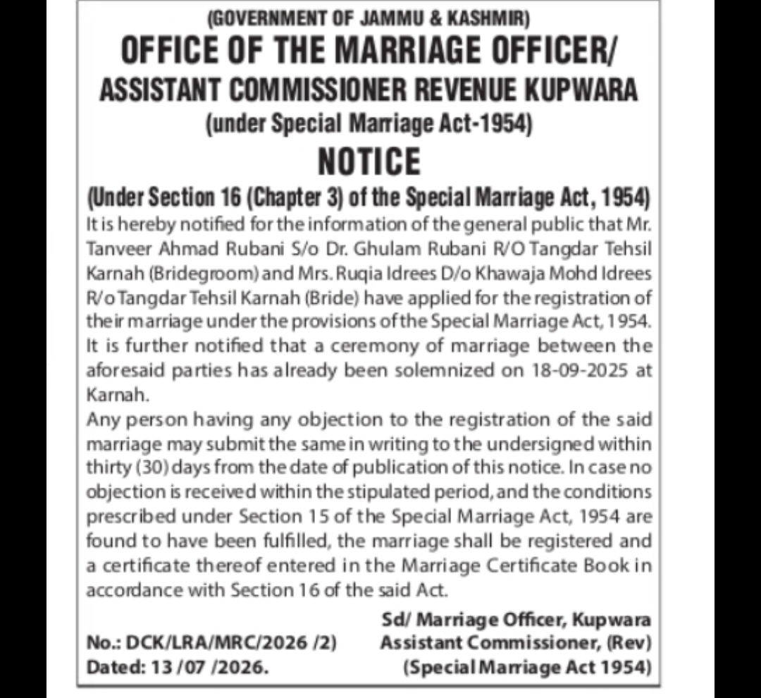 Marriage Registration Notice Under Special Marriage Act, 1954 – Kupwara