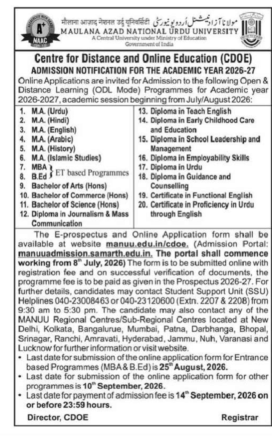 MAULANA AZAD NATIONAL URDU UNIVERSITY (MANUU) – CDOE Admissions 2026-27 | Open & Distance Learning Programmes