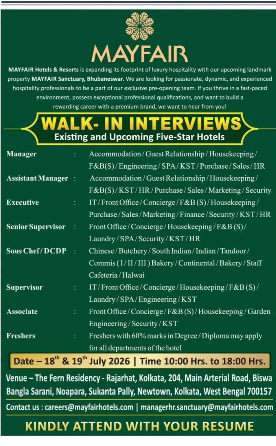 MAYFAIR Hotels & Resorts Walk-In Interview Drive 2026 | Multiple Hospitality Openings
