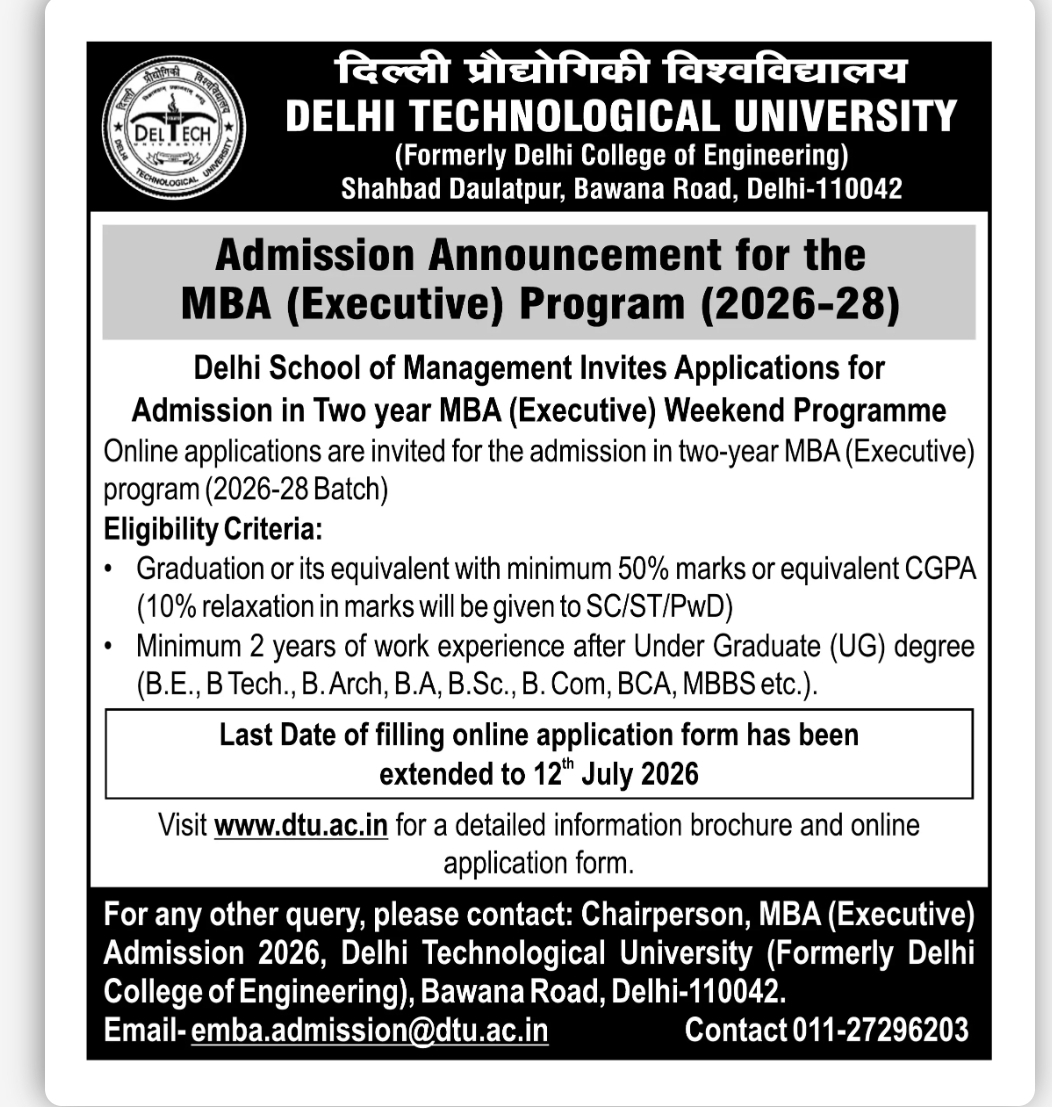 MBA (Executive) Admission Notice 2026–28 – Delhi Technological University (DTU), Delhi