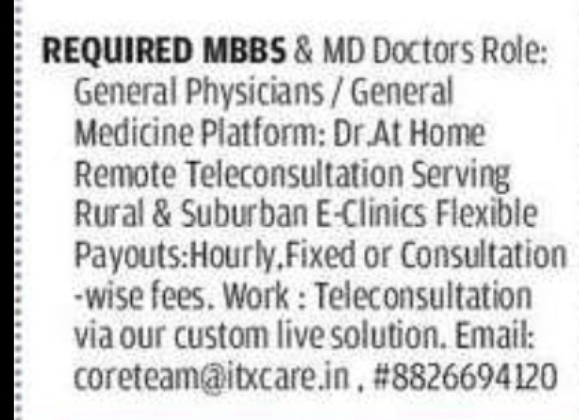 MBBS & MD Doctors Required – Teleconsultation