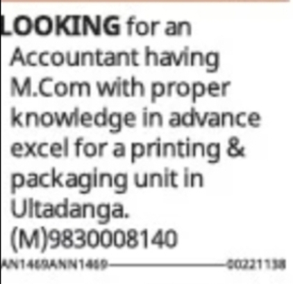 M.Com Accountant Required for Printing & Packaging Unit