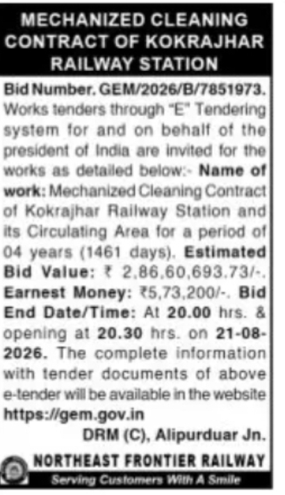 Mechanized Cleaning Contract – Kokrajhar Railway Station