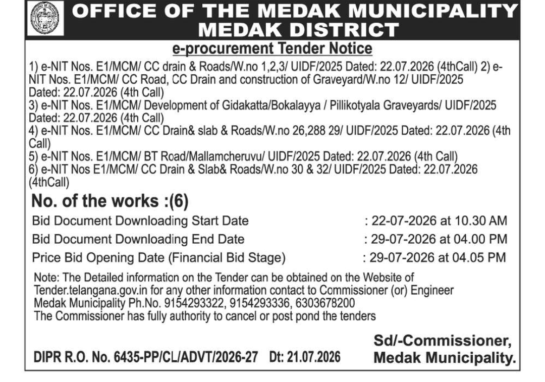 Medak Municipality e-Procurement Tender Notice – 6 Works (4th Call)