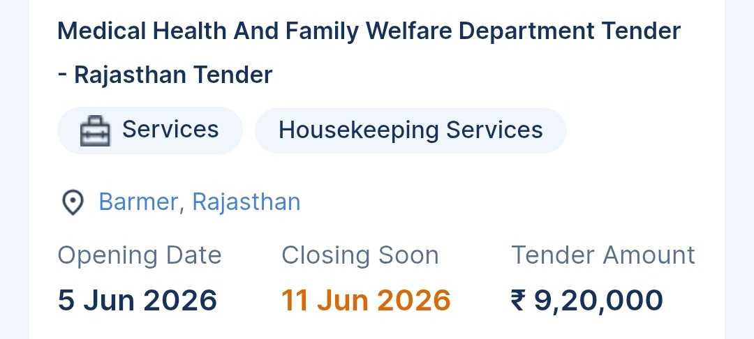 Medical Health And Family Welfare Department Tender - Rajasthan Tender