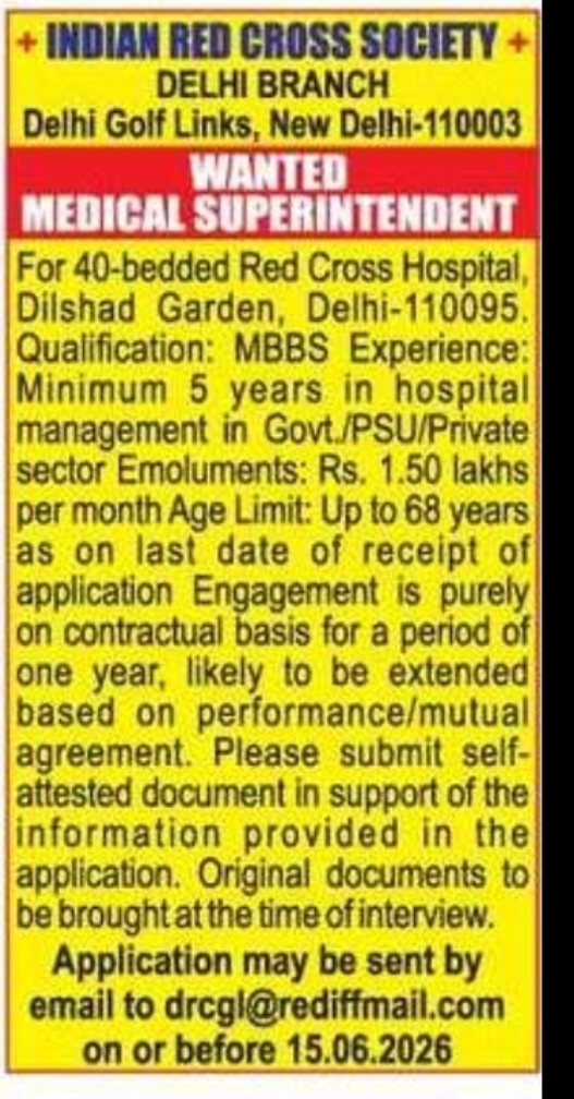 Medical Superintendent – Indian Red Cross Society
