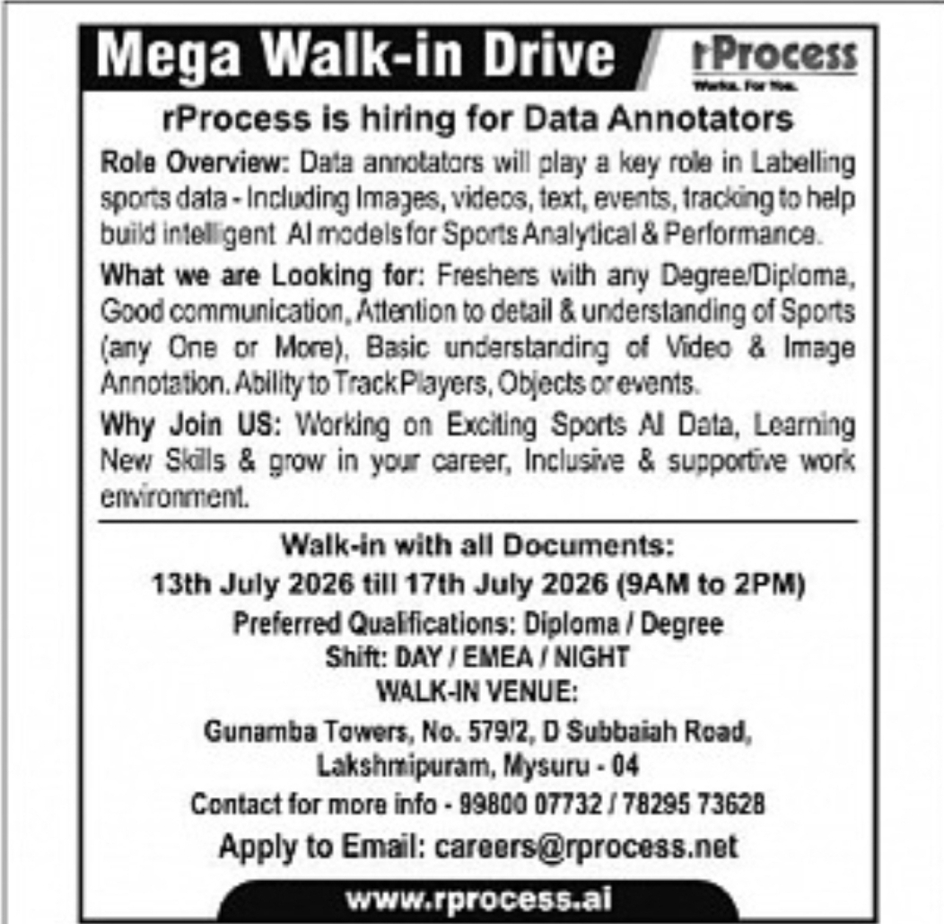 Mega Walk-in Drive for Data Annotators – rProcess, Mysuru