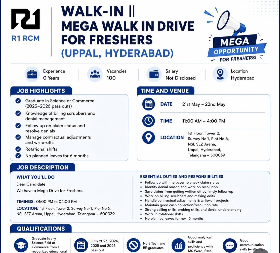 Mega Walk-in Drive for Freshers at R1 RCM – Hyderabad (2023–2026 Pass Outs)