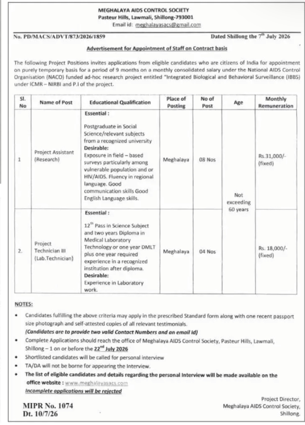 Meghalaya AIDS Control Society Recruitment 2026 | Apply for Project Assistant & Lab Technician Posts