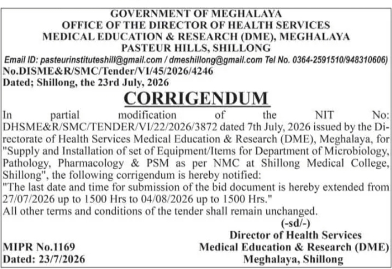 Meghalaya DME Tender Corrigendum – Bid Submission Deadline Extended for Shillong Medical College Equipment Supply