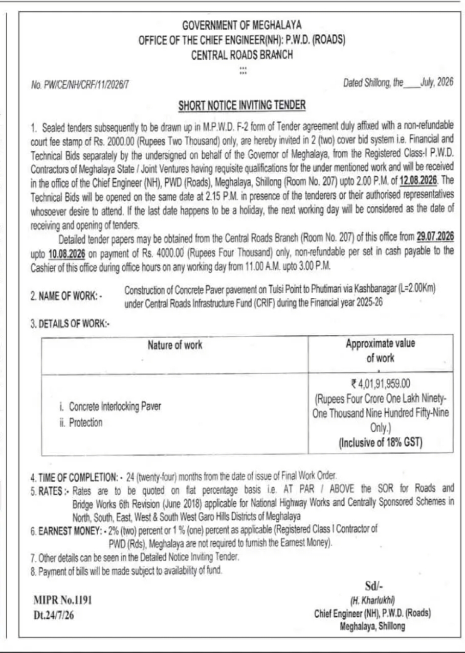 Meghalaya PWD (NH) Tender Notice – Construction of Concrete Paver Pavement under CRIF 2025-26