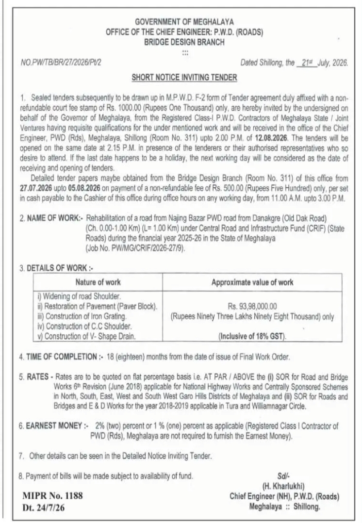 Meghalaya PWD (Roads) Invites Tender for Rehabilitation of Najing Bazar PWD Road under CRIF 2025-26