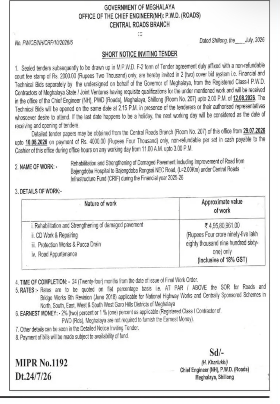Meghalaya PWD (Roads) Invites Tender for Road Rehabilitation Work under CRIF 2025-26