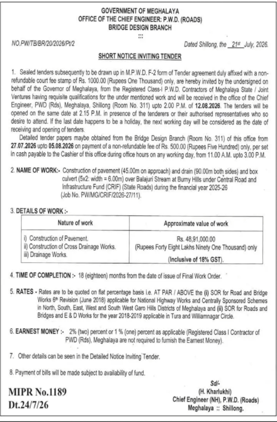 Meghalaya PWD Tender – Construction of Pavement, Drain and Box Culvert at Balajuri Stream (CRIF 2025-26)