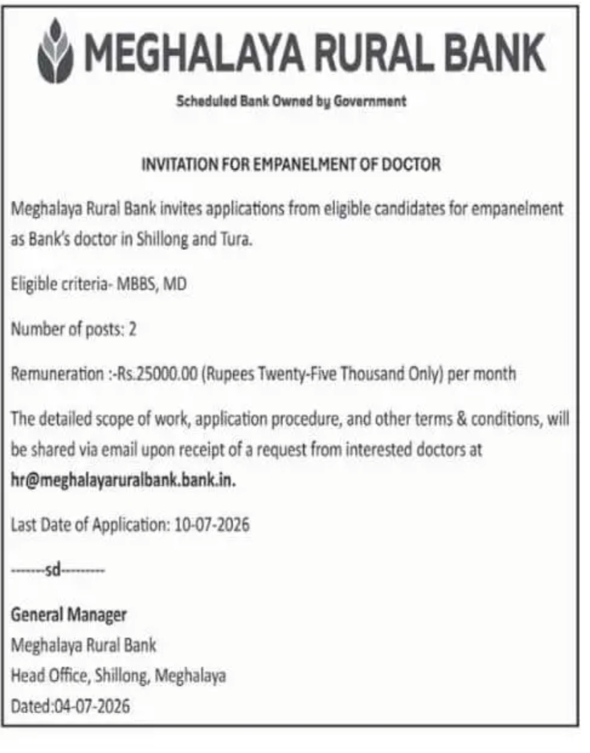 Meghalaya Rural Bank Invites Applications for Empanelment of Doctors