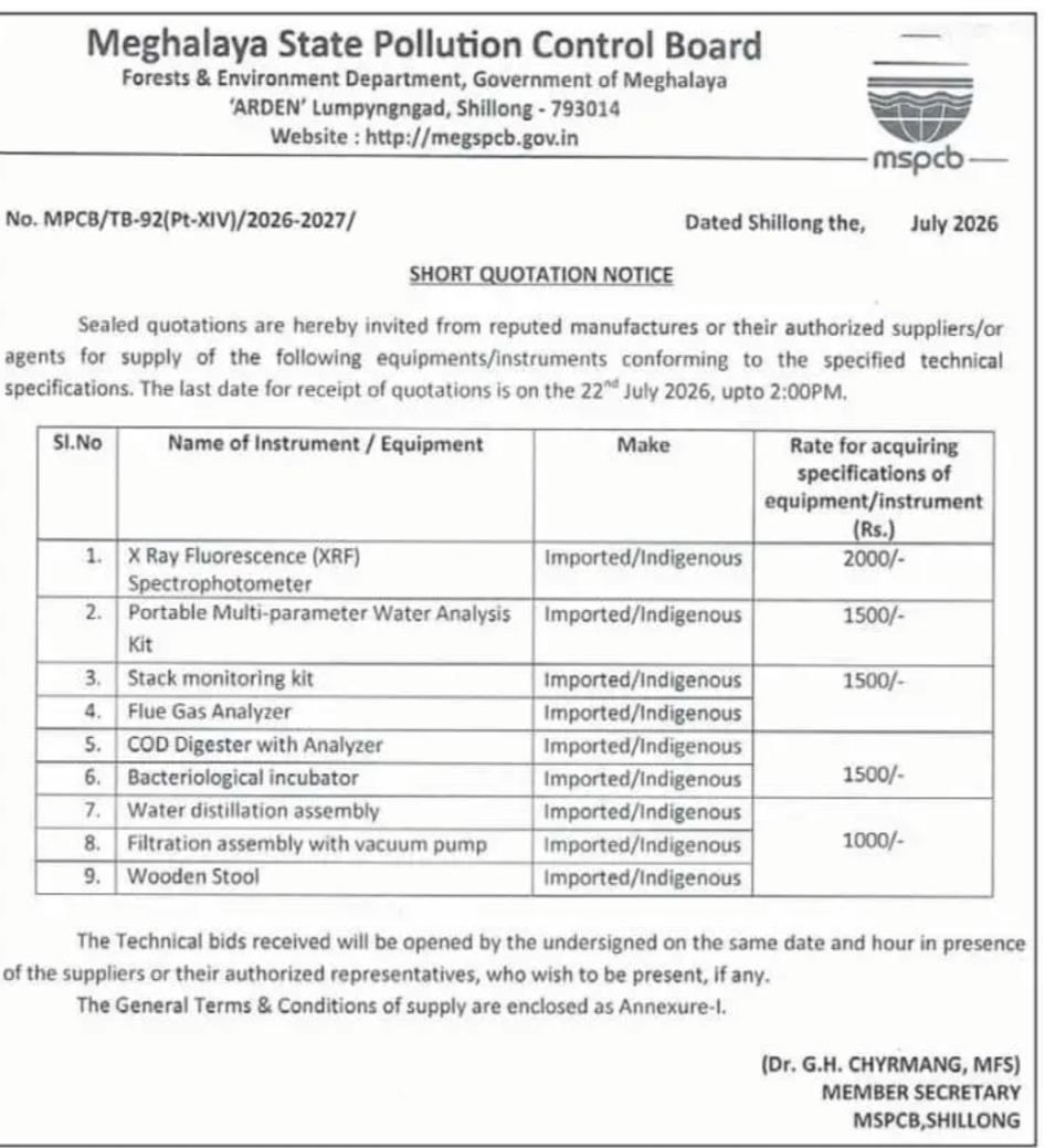 Meghalaya State Pollution Control Board Invites Short Quotations for Laboratory Equipment Supply