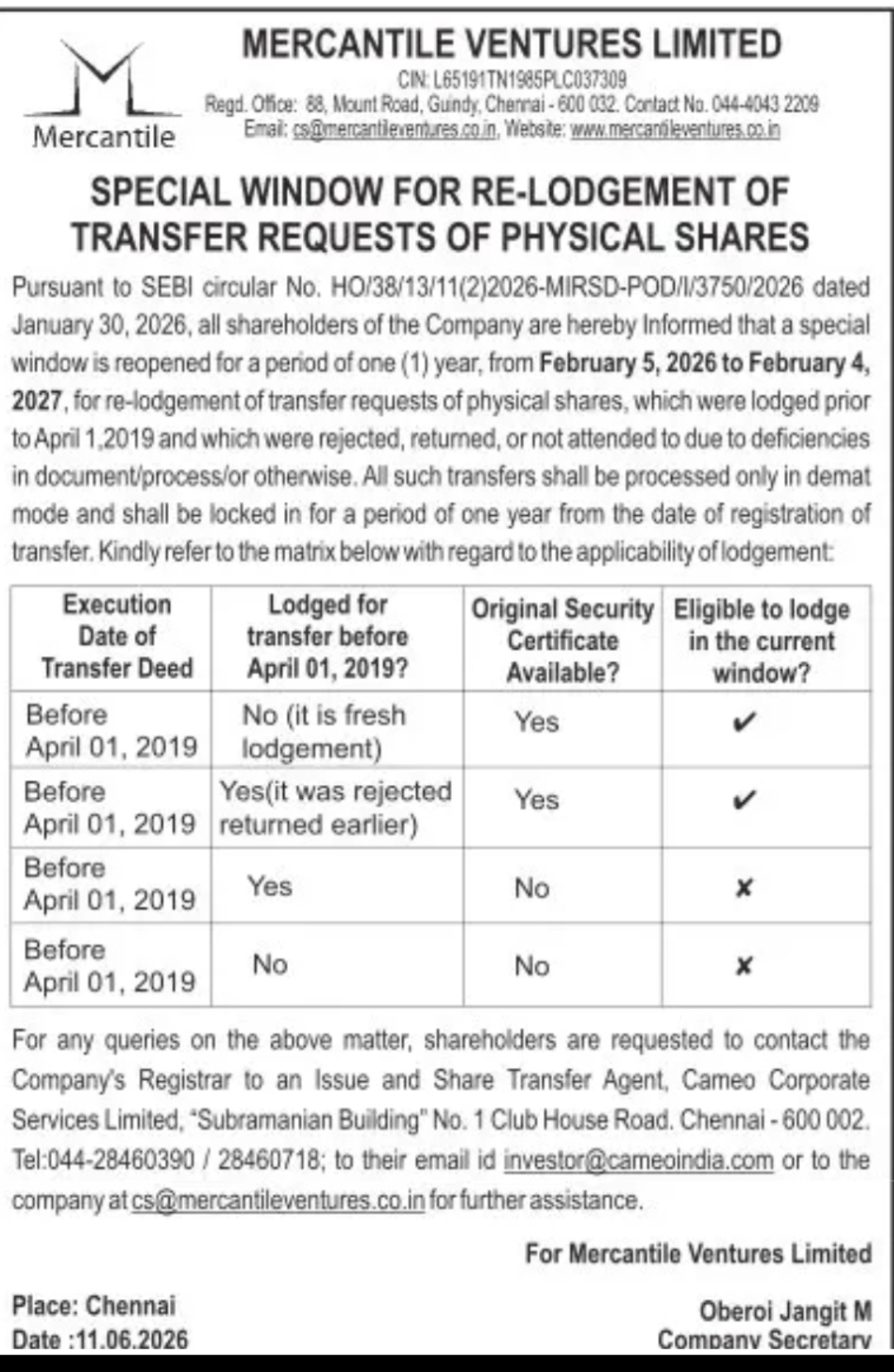 Mercantile Ventures Limited – Special Window for Re-lodgement of Physical Share Transfer Requests