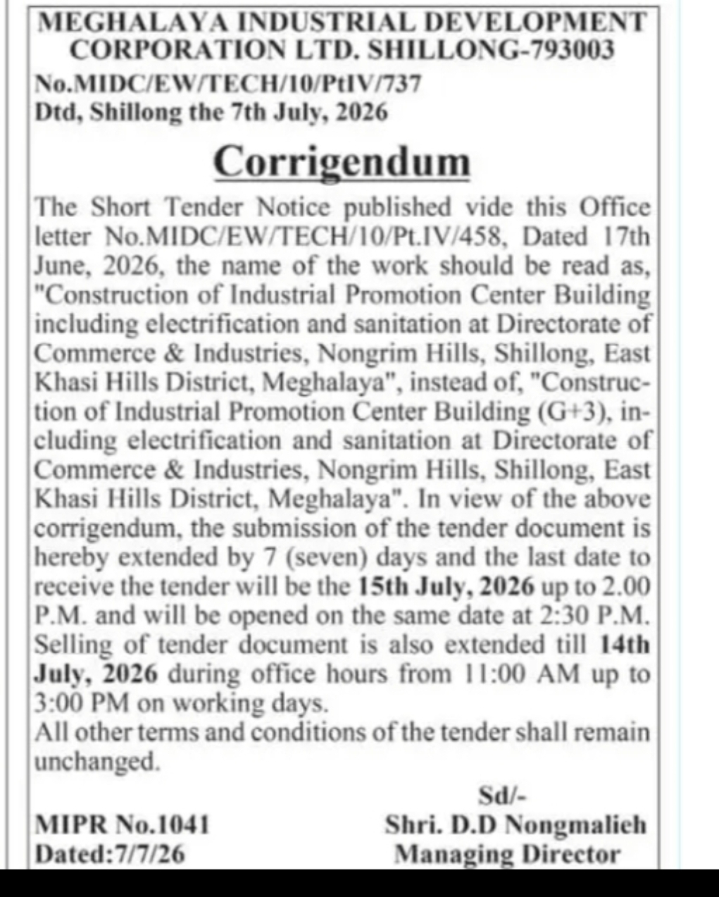 MIDC Shillong Issues Corrigendum and Extends Tender Submission Deadline