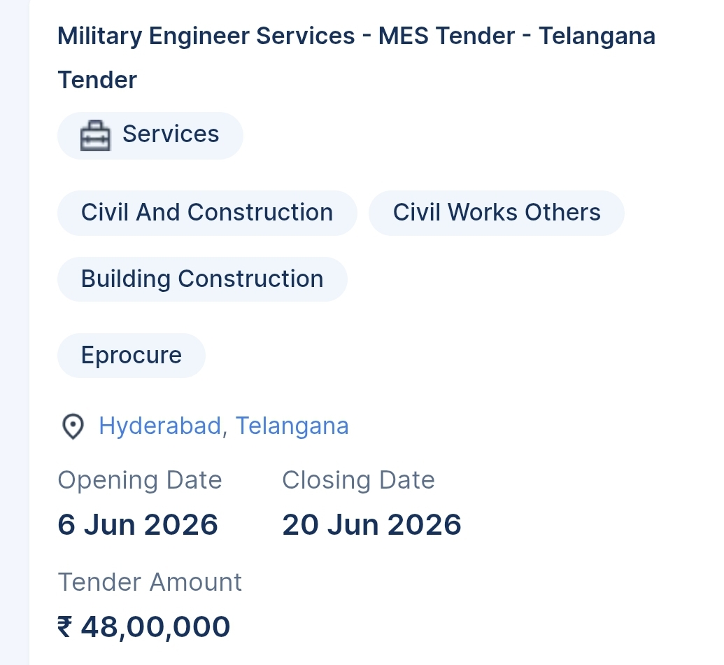 Military Engineer Services - MES Tender - Telangana Tender