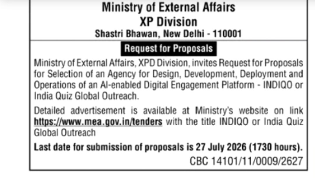 Ministry of External Affairs Invites RFP for Development of AI-Enabled Digital Platform INDIQO