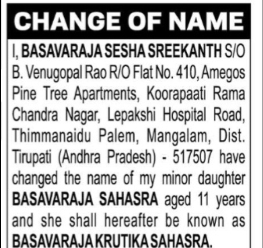 Minor Child Name Change – Basavaraja Sesha Sreekanth