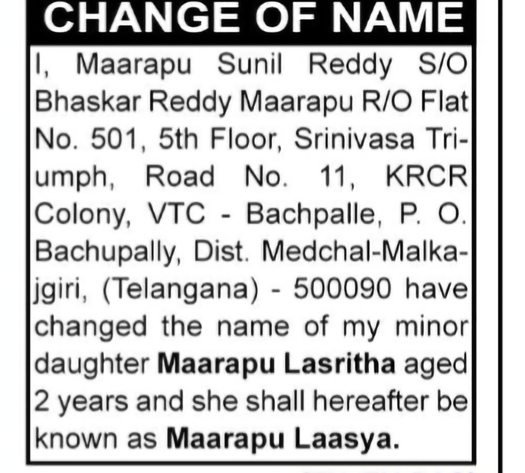 Minor Child Name Change Notice – Maarapu Laasya