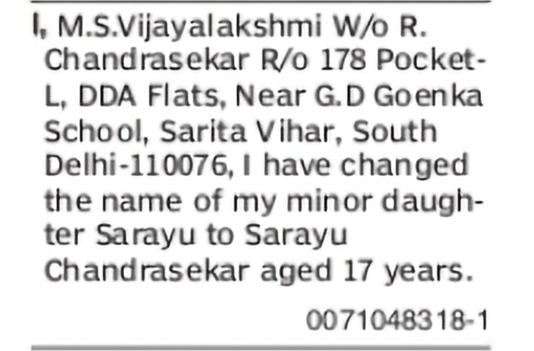 Minor Daughter Name Change Notice – Sarayu to Sarayu Chandrasekar