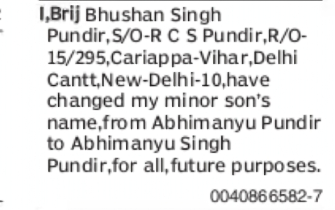 Minor Name Change Notice – Abhimanyu Pundir