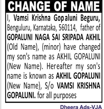 Minor Name Change Notice – Akhil Gopaluni