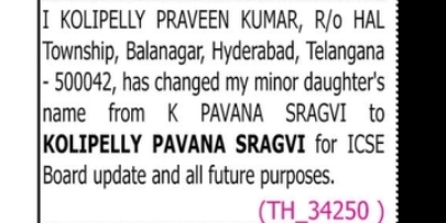 Minor Name Change Notice – Kolipelly Pavana Sragvi